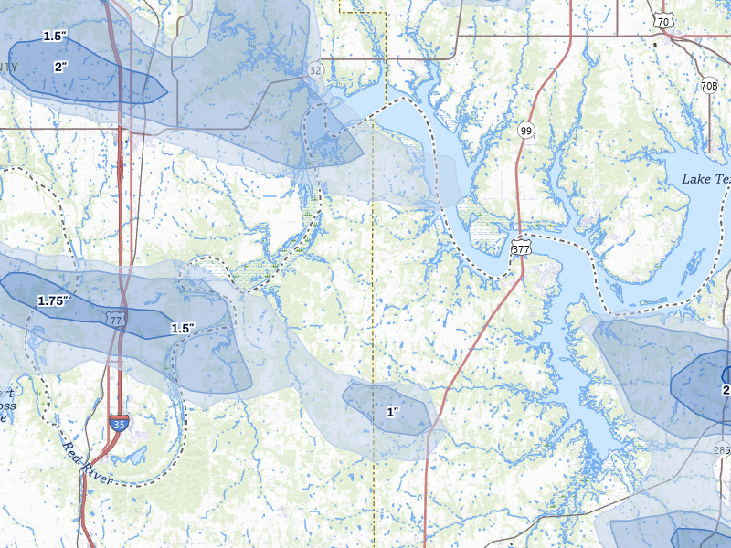 NEXRAD radar-signature map of the hail over Whitesboro, TX