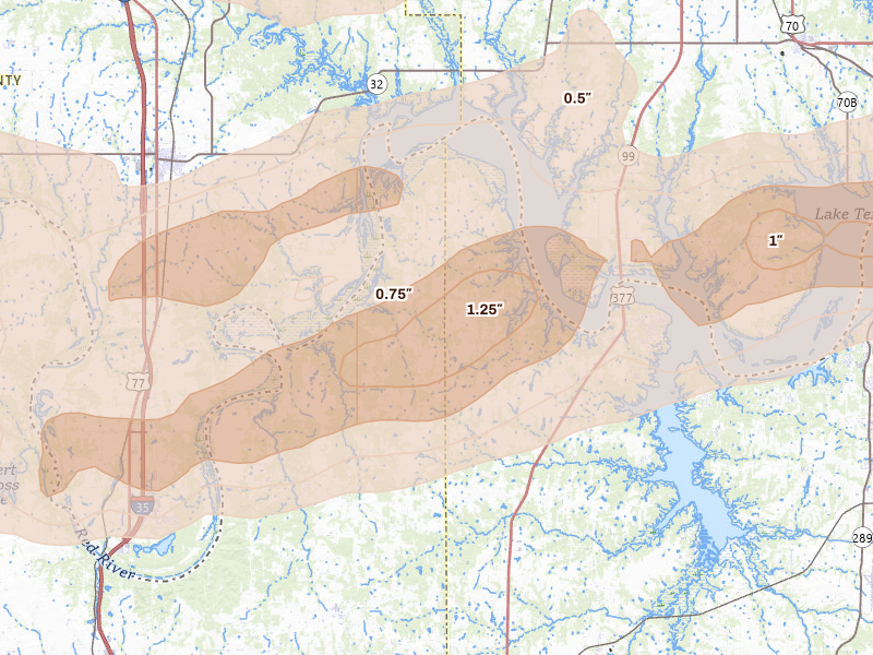 Radar-estimated hail-size map of the storm over Whitesboro, TX on Apr 28, 2026