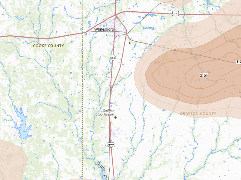 Radar-estimated hail-size map of the storm over Whitesboro, TX on May 9, 2026