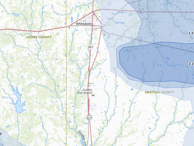 NEXRAD radar-signature map of the hail over Whitesboro, TX