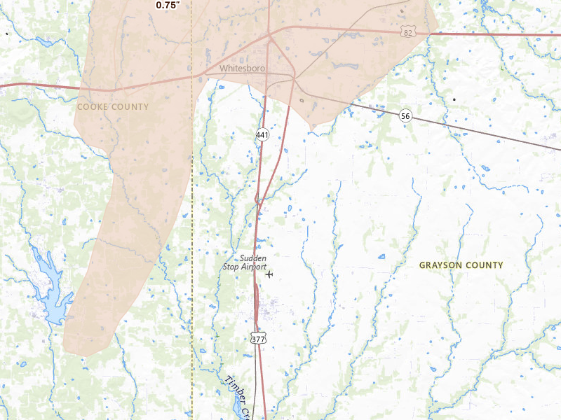 Radar-estimated hail-size map of the storm over Whitesboro, TX on May 19, 2026