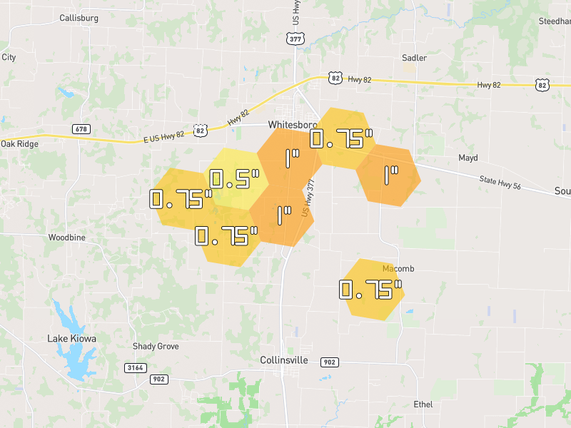 Hail map of Whitesboro, TX on Jun 6, 2026, hail up to 1"