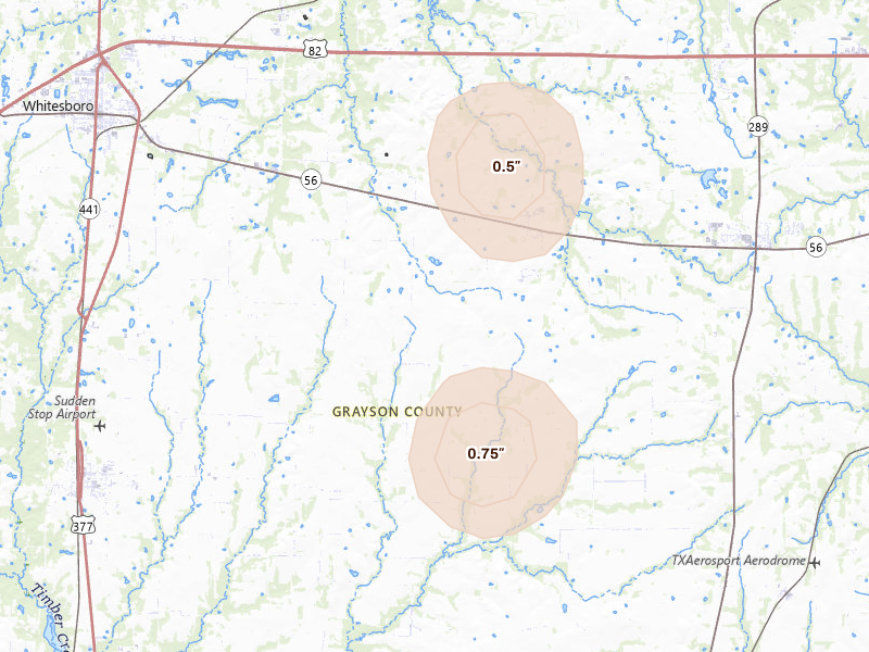 Radar-estimated hail-size map of the storm over Whitesboro, TX on Aug 7, 2026