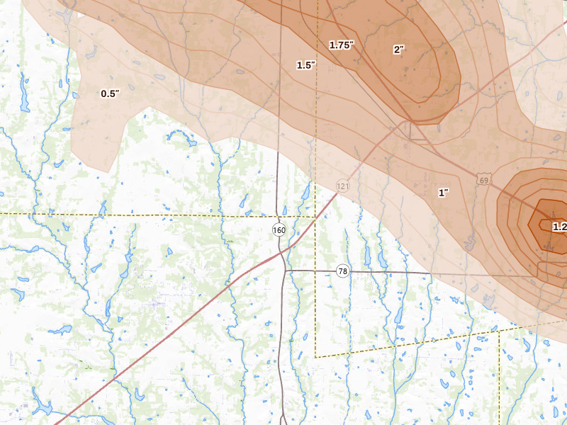 Radar-estimated hail-size map of the storm over Whitewright, TX on Apr 25, 2026