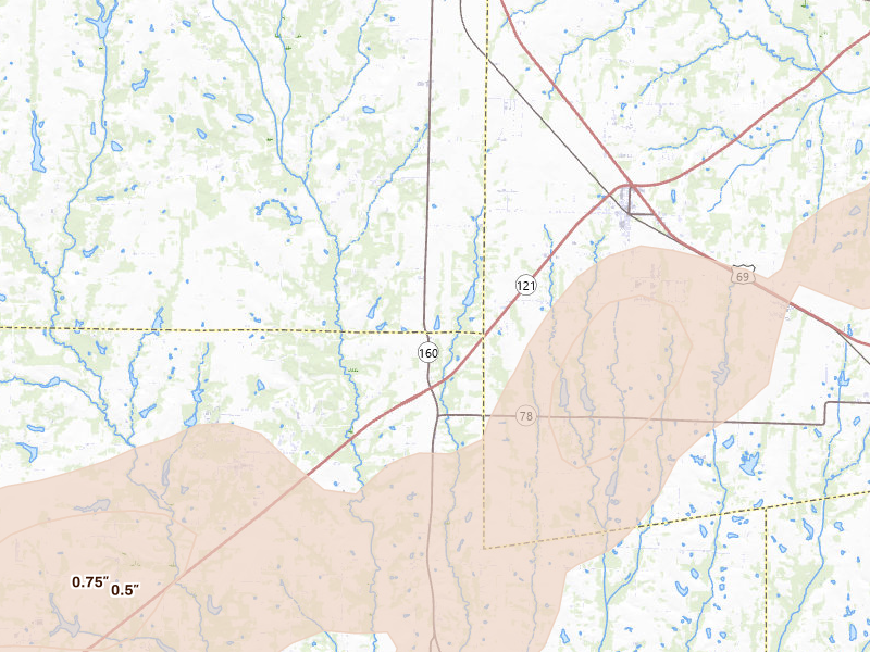 Radar-estimated hail-size map of the storm over Whitewright, TX on Jun 6, 2026
