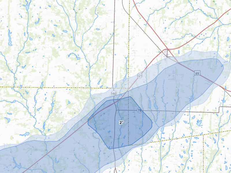 NEXRAD radar-signature map of the hail storm over Whitewright, TX on Jun 6, 2026