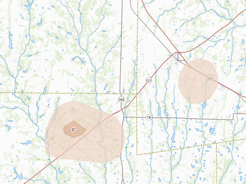 Radar-estimated hail-size map of the storm over Whitewright, TX on Jul 6, 2026
