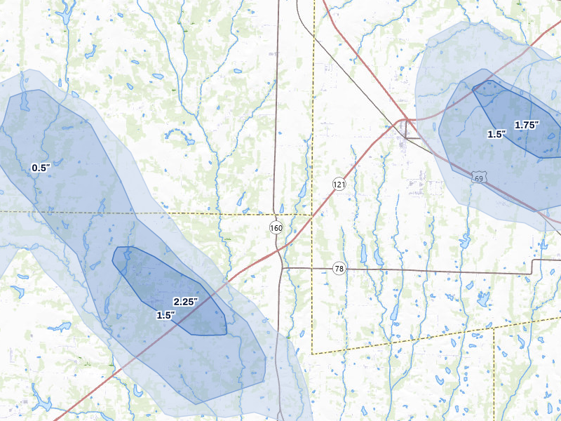 NEXRAD radar-signature map of the hail storm over Whitewright, TX on Jul 6, 2026