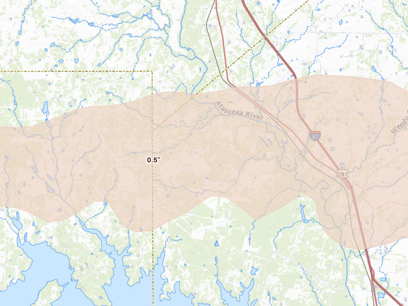Radar-estimated hail-size map of the storm over Whitsett, TX on May 1, 2026