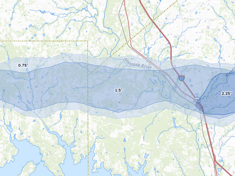 NEXRAD radar-signature map of the hail storm over Whitsett, TX on May 1, 2026