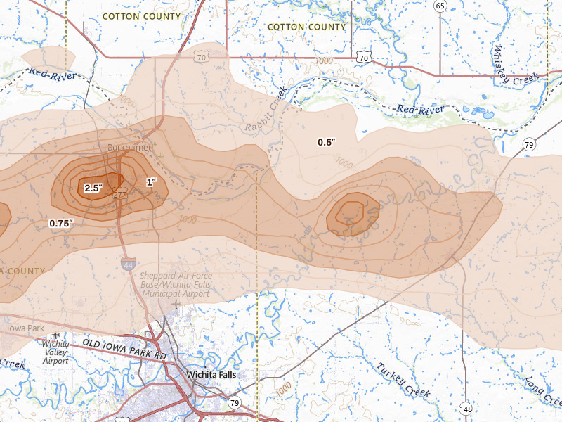 Radar-estimated hail-size map of the storm over Wichita Falls, TX on Apr 26, 2026