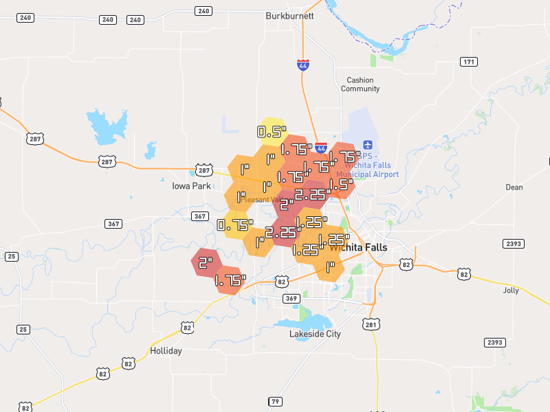 Hail map of Wichita Falls, TX on Jul 5, 2026, hail up to 2.25"
