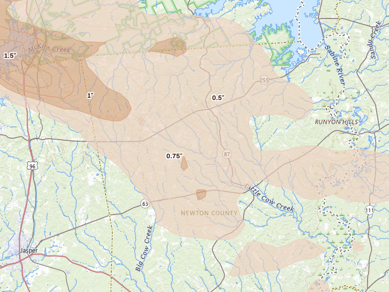 Radar-estimated hail-size map of the storm over Wiergate, TX on Mar 15, 2026