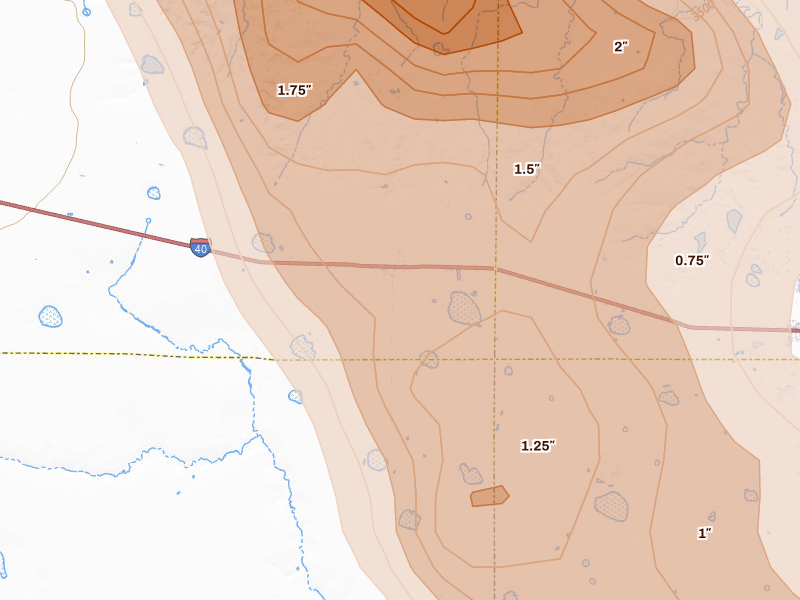 Radar-estimated hail-size map of the storm over Wildorado, TX on Jun 23, 2026