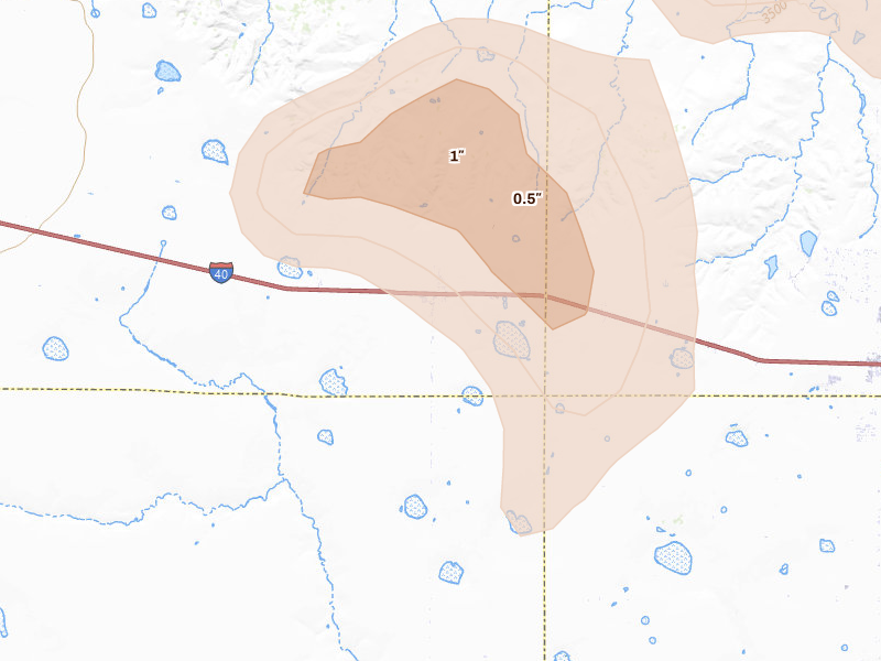 Radar-estimated hail-size map of the storm over Wildorado, TX on Jul 5, 2026