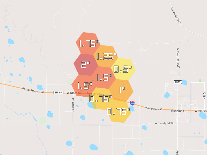 Hail map of Wildorado, TX on Jul 6, 2026, hail up to 2"