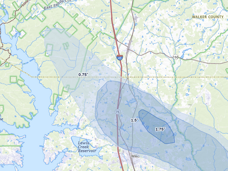 NEXRAD radar-signature map of the hail storm over Willis, TX on Mar 15, 2026