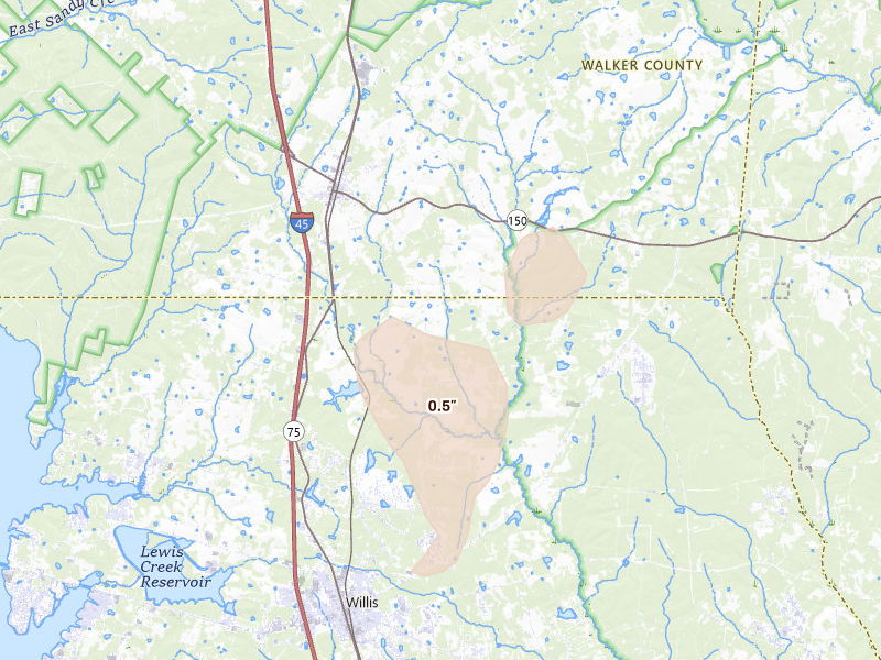 Radar-estimated hail-size map of the storm over Willis, TX on Aug 28, 2026