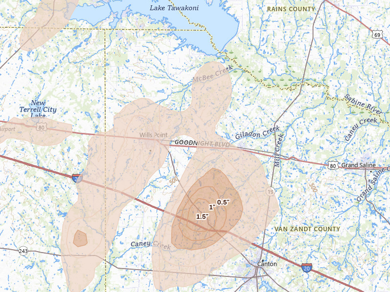 Radar-estimated hail-size map of the storm over Wills Point, TX on Mar 4, 2026
