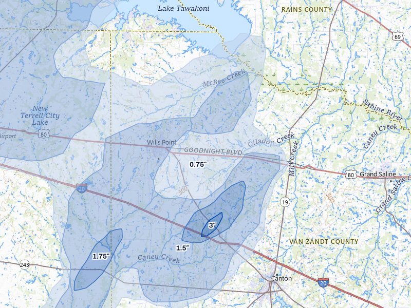 NEXRAD radar-signature map of the hail storm over Wills Point, TX on Mar 4, 2026