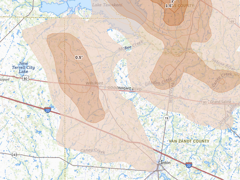 Radar-estimated hail-size map of the storm over Wills Point, TX on Apr 24, 2026