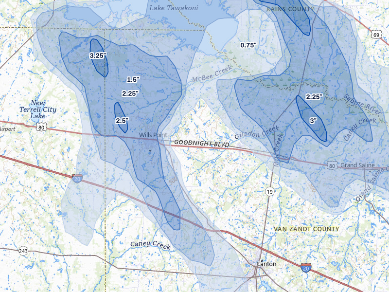 NEXRAD radar-signature map of the hail over Wills Point, TX