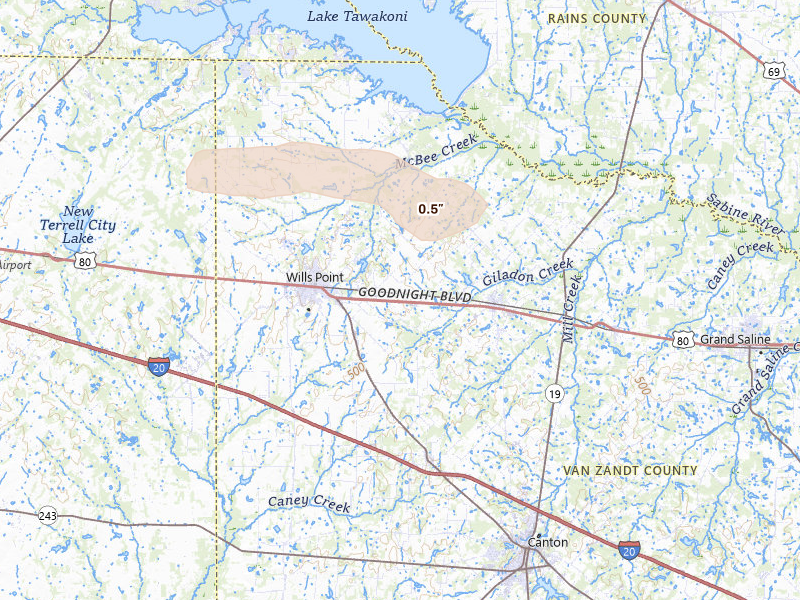 Radar-estimated hail-size map of the storm over Wills Point, TX on May 8, 2026