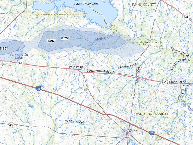 NEXRAD radar-signature map of the hail storm over Wills Point, TX on May 8, 2026