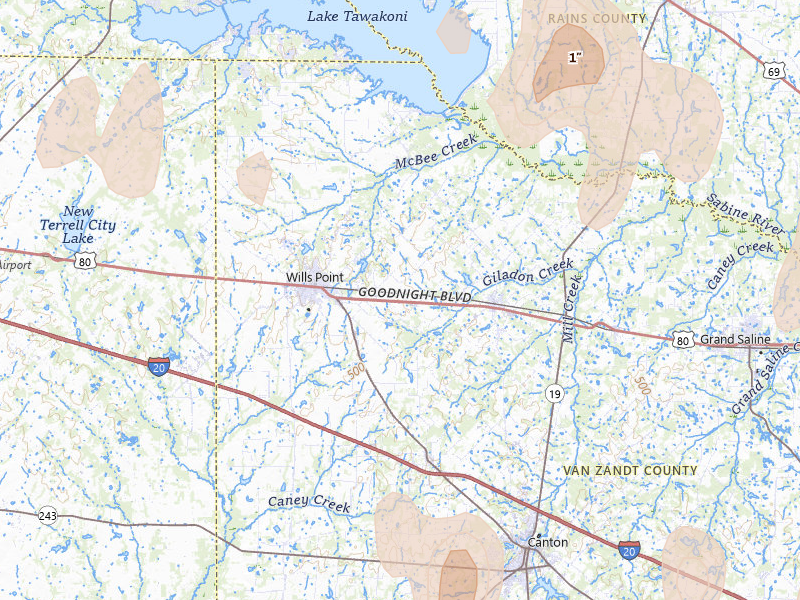 Radar-estimated hail-size map of the storm over Wills Point, TX on May 22, 2026