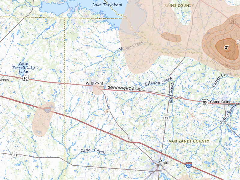 Radar-estimated hail-size map of the storm over Wills Point, TX on Jun 2, 2026