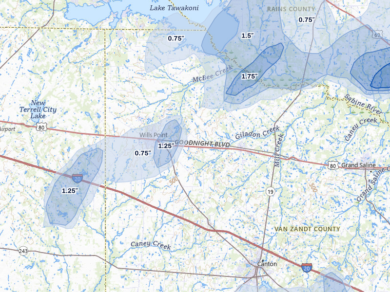 NEXRAD radar-signature map of the hail over Wills Point, TX
