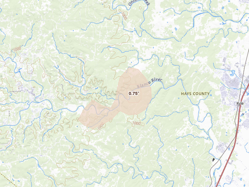 Radar-estimated hail-size map of the storm over Wimberley, TX on Aug 9, 2026