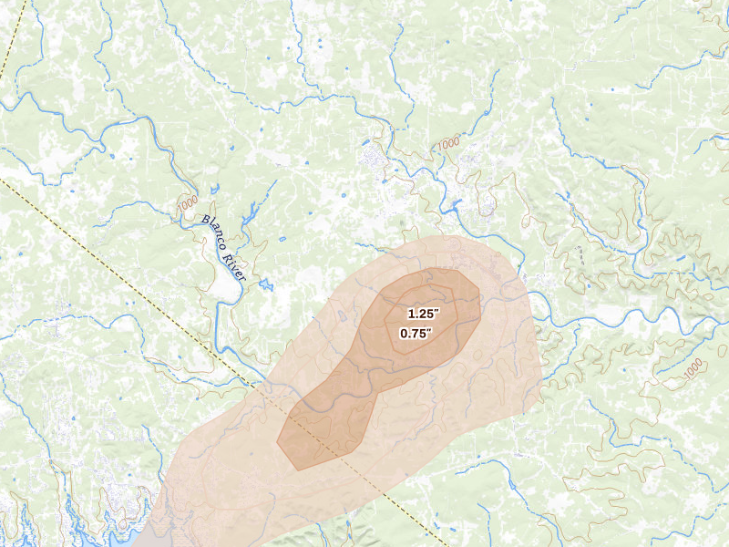 Radar-estimated hail-size map of the storm over Wimberley, TX on Aug 28, 2026
