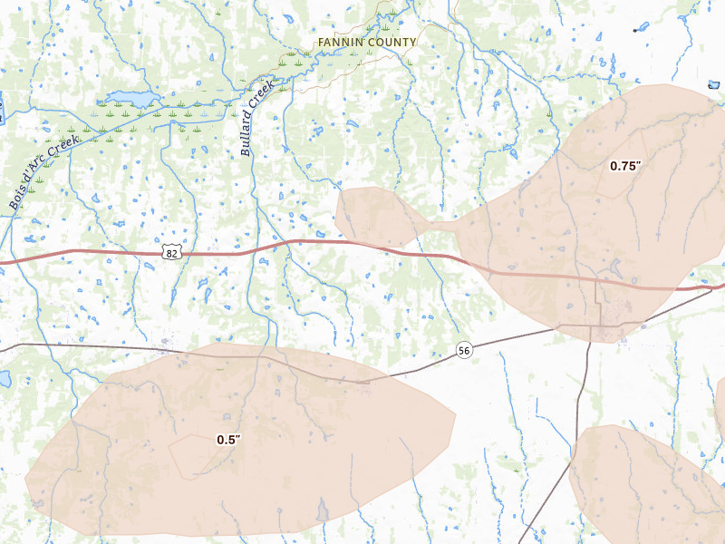 Radar-estimated hail-size map of the storm over Windom, TX on May 9, 2026