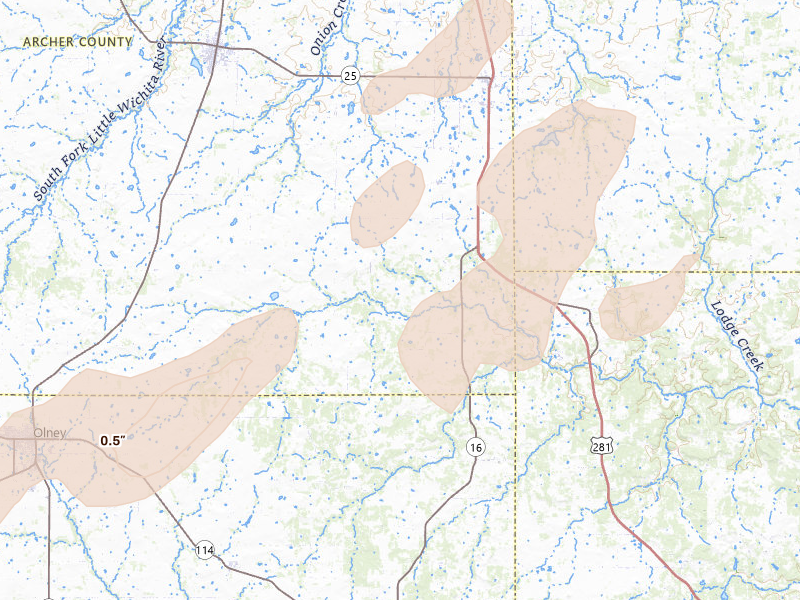 Radar-estimated hail-size map of the storm over Windthorst, TX on Mar 6, 2026