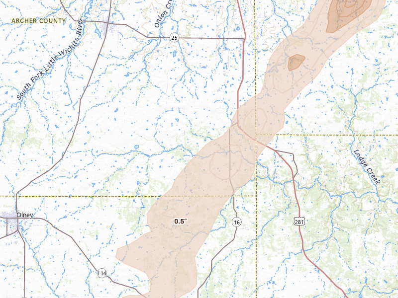 Radar-estimated hail-size map of the storm over Windthorst, TX on Apr 3, 2026