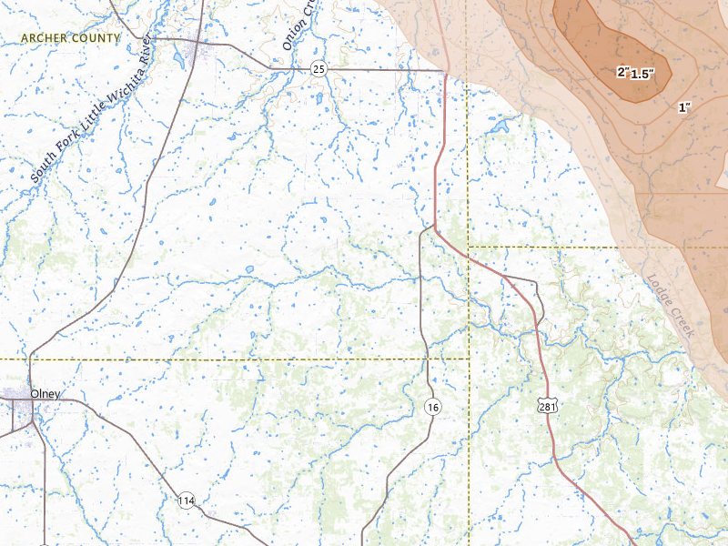 Radar-estimated hail-size map of the storm over Windthorst, TX on Apr 25, 2026