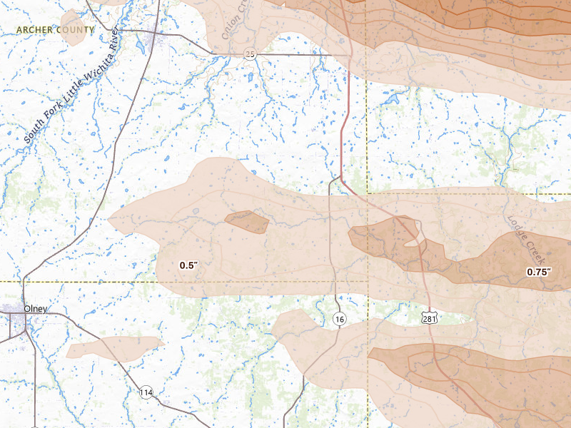 Radar-estimated hail-size map of the storm over Windthorst, TX on Apr 28, 2026