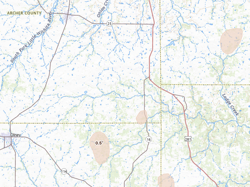 Radar-estimated hail-size map of the storm over Windthorst, TX on Jun 6, 2026
