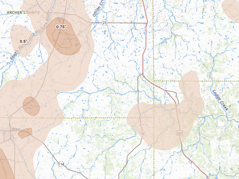 Radar-estimated hail-size map of the storm over Windthorst, TX on Jul 5, 2026