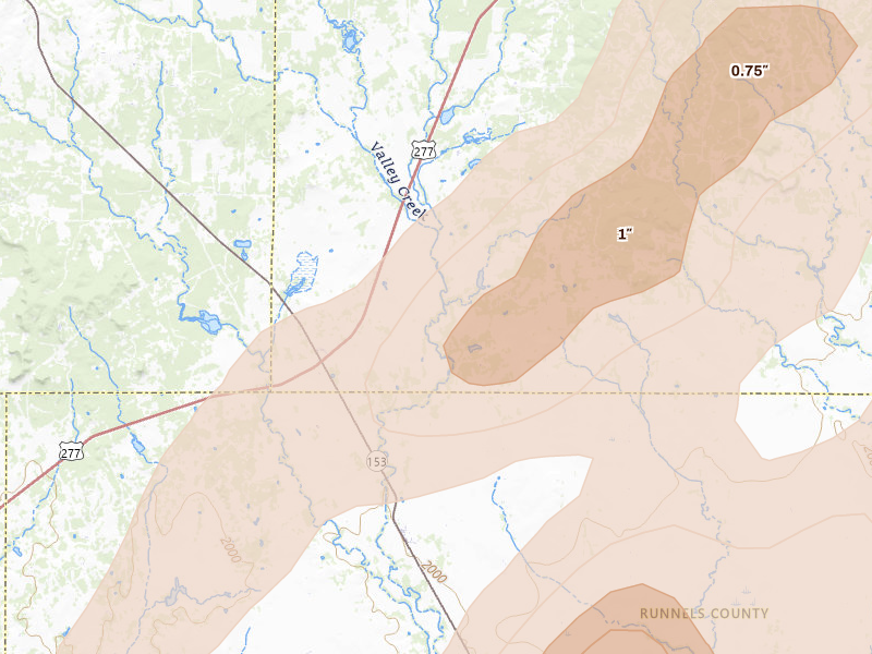 Radar-estimated hail-size map of the storm over Wingate, TX on Mar 10, 2026