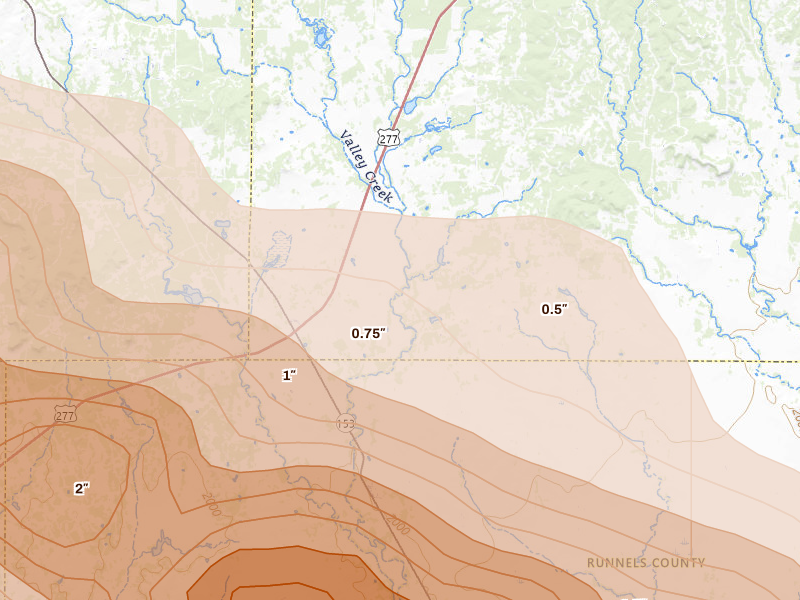 Radar-estimated hail-size map of the storm over Wingate, TX on May 10, 2026