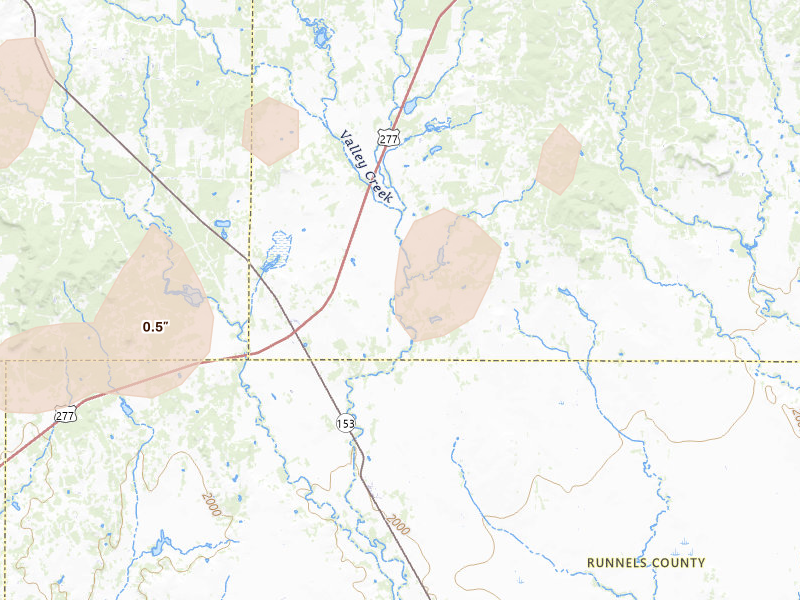 Radar-estimated hail-size map of the storm over Wingate, TX on Jun 6, 2026