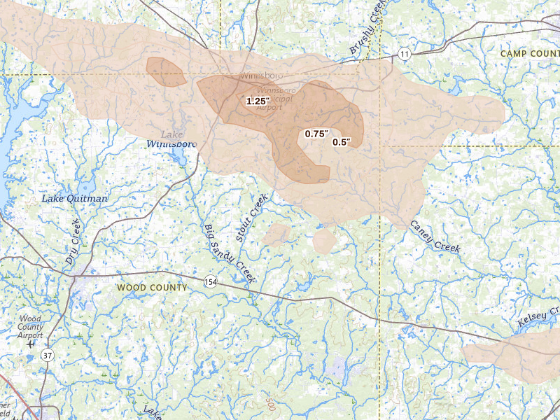 Radar-estimated hail-size map of the storm over Winnsboro, TX on Apr 29, 2026