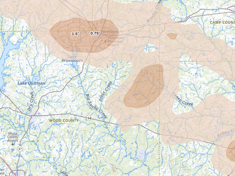 Radar-estimated hail-size map of the storm over Winnsboro, TX on May 8, 2026