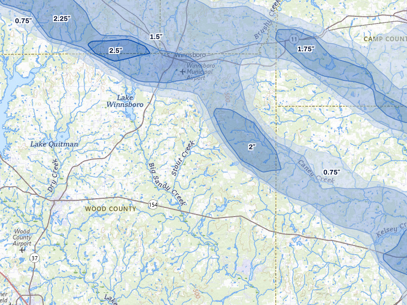 NEXRAD radar-signature map of the hail over Winnsboro, TX