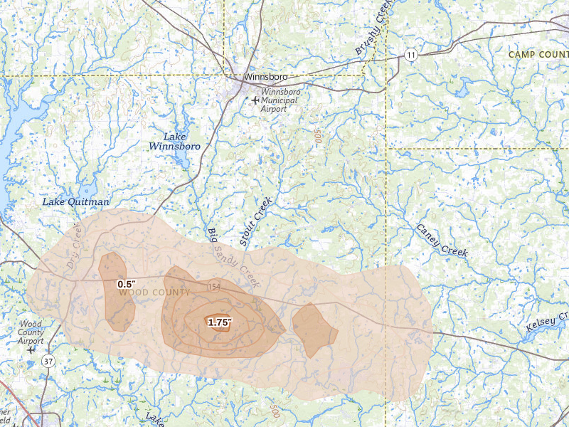 Radar-estimated hail-size map of the storm over Winnsboro, TX on May 10, 2026