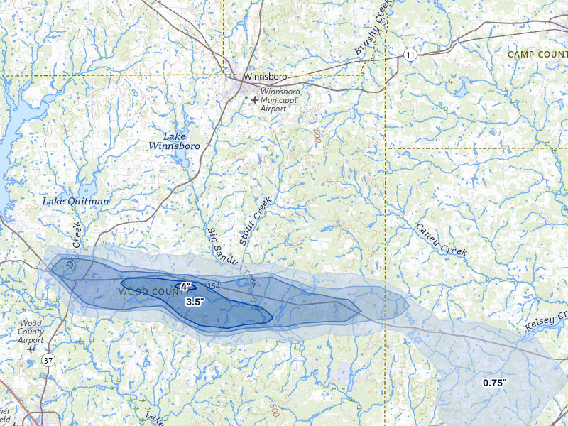 NEXRAD radar-signature map of the hail storm over Winnsboro, TX on May 10, 2026