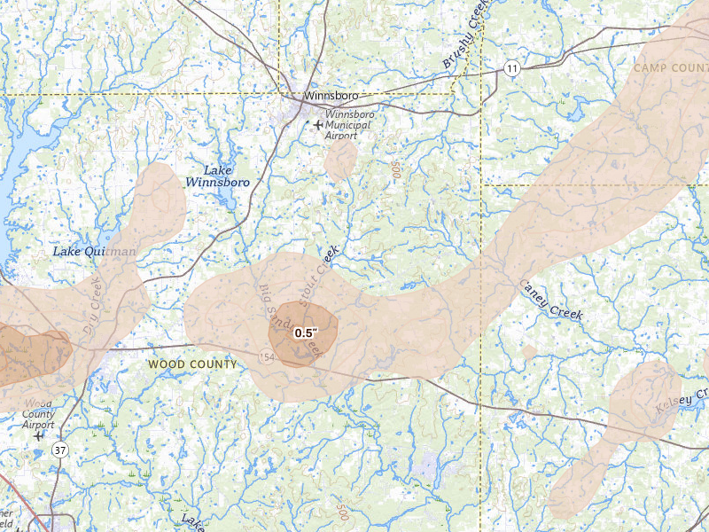 Radar-estimated hail-size map of the storm over Winnsboro, TX on Jun 2, 2026