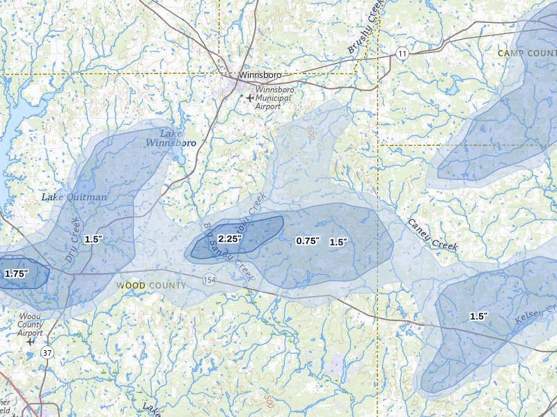 NEXRAD radar-signature map of the hail over Winnsboro, TX